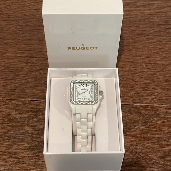 PEUGEOT Swiss Women Ceramic Watch Square Case Swarovski Crystal Bezel & Bracelet - Picture 1 of 6